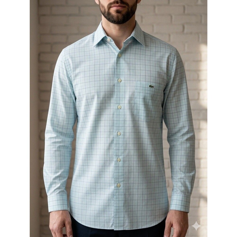 Lacoste Men’s Blue Plaid Long Sleeve Dress Shirt Size 42